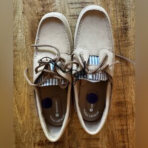 Sperry Whalefish Cream Boat Shoes with Blue linen Stripes 8.5 8 1/2 NEW NWT